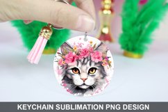 Cat Flowers Keychain Sublimation , Round Keychain PNG Product Image 1