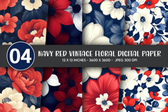 Navy Red Vintage Floral Digital Paper Product Image 1
