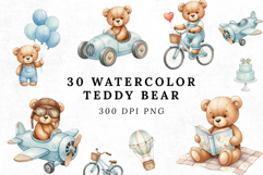 Watercolor Teddy Bear Clipart PNG | Cute Baby Boy Nursery Product Image 1