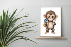 Cute Monkey with Backpack Holding Pencils Watercolor PNG Product Image 2