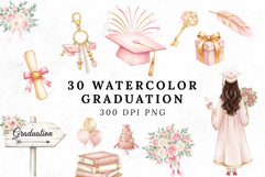 30 Watercolor Pink &amp; Gold Graduation Clipart Bundle | PNG Product Image 1