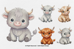 15 Bundle Watercolor Baby Highland Buffalo Cow Horn Farm Product Image 6