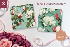 Floral Square Coasters Template, Magnolia Sublimation PNG Product Image 1