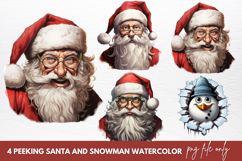 Watercolor Peeking Santa and Snowman Clipart Product Image 1