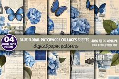 Blue Floral Patchwork Collages Sheets Digital Paper Patterns Product Image 1