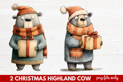 2 Christmas Highland Cow Clipart | Rustic Festive Cow PNG Product Image 1