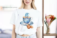 Watercolor gnome in a mug of tea with cookies, Gnome PNG Product Image 6