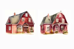 Red Farmhouse clipart, Watercolor house, Red Farm 14 PNG Product Image 6