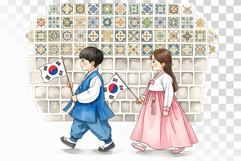 Cute Hanbok Kids Taegeukgi Stone Path Walk PNG KOREA Flag Product Image 1