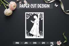 Book Lover Girl Paper Cut SVG, Floral Reading Woman Papercut Product Image 1