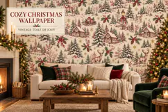 Vintage Christmas deer toile de Jouy seamless pattern with snowy cottages, pine trees, holly, lanterns, gifts and a peaceful winter village art.