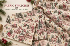 Vintage Christmas deer toile de Jouy seamless pattern with snowy cottages, pine trees, holly, lanterns, gifts and a peaceful winter village art.