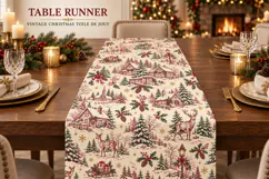 Vintage Christmas deer toile de Jouy seamless pattern with snowy cottages, pine trees, holly, lanterns, gifts and a peaceful winter village art.