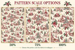 Vintage Christmas deer toile de Jouy seamless pattern with snowy cottages, pine trees, holly, lanterns, gifts and a peaceful winter village art.