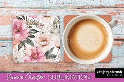 Watercolor Flowers Square Coaster - Floral Pink Sublimation Product Image 1