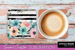 Watercolor Flowers Square Coaster - Floral Pink Sublimation Product Image 1