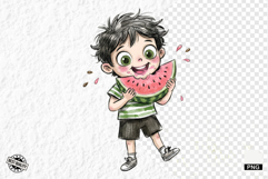 Whimsical Summer Boy &amp; Watermelon Clipart Product Image 1
