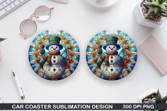 Snowman Car Coaster Sublimation|Christmas Coaster PNG Design Product Image 1