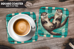 Cute Otter, Animal coaster, Buffalo Plaid Square Coaster PNG Product Image 1