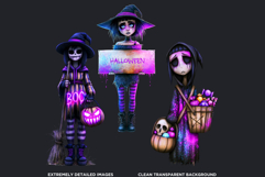 Neon Haunted Witches Clipart, Spooky Kawaii Halloween PNG Product Image 3