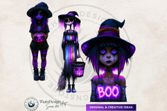 Neon Haunted Witches Clipart, Spooky Kawaii Halloween PNG Product Image 4