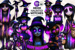 Neon Haunted Witches Clipart, Spooky Kawaii Halloween PNG Product Image 1