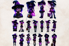 Neon Haunted Witches Clipart, Spooky Kawaii Halloween PNG Product Image 7