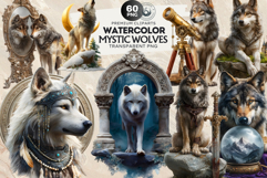 Watercolor Mystic Wolves Fantasy Clipart PNG Graphics Product Image 1