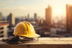 Yellow Hard Hat Sits on a Ledge in Front of a Cityscape Product Image 1