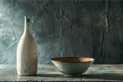Ceramic bottle and bowl are standing on table against textur Product Image 1