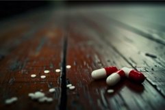 Red and white pills spilling on worn wooden table Product Image 1