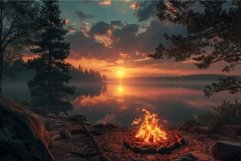 Serene lakeside sunset with campfire Product Image 1