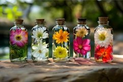 Colorful flowers in glass bottles on wooden surface Product Image 1