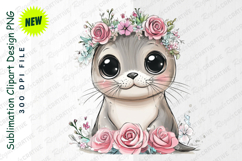 Adorable Seal Pup With Floral Crown And Roses Graphic PNG Product Image 1
