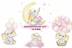 Watercolor elephant Clipart for Girl, Watercolor Cute Pink B Product Image 1