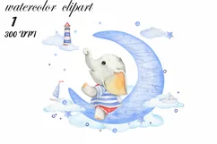 Watercolor elephant baby clipart. Cute Nautical Sea Ocean Ki Product Image 1