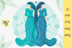 Zodiac sign Gemini. Womans in a dress with braids, hand draw Product Image 1