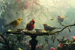 Three birds are having a tea party in an enchanted fairy tal Product Image 1