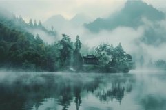 Misty lake morning with traditional pavilion Product Image 1