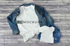 White t-shirt and baby bodysuit Mockup denim jackets flatlay Product Image 1