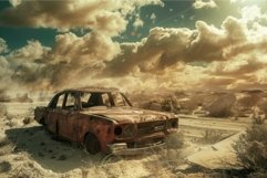 Postapocalyptic desert scene with abandoned car Product Image 1