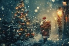 Santa claus walking in snow with bag full of gifts near chri Product Image 1