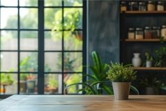 Modern kitchen interior with green plant on table Product Image 1