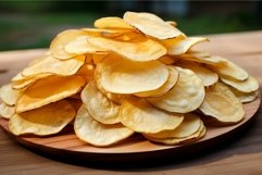 Crispy golden potato chips on wooden plate Product Image 1