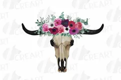 Watercolor floral anemone and roses longhorn bull skull Product Image 1