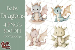 Watercolor Baby Dragon Clipart, Cute Nursery Fantasy PNG Product Image 1