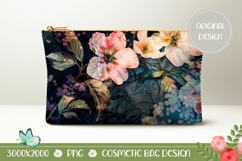 Pink Flowers Cosmetic Bag Print, Dark Blue Cosmetic Bag Product Image 1