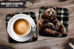 Cute Bear, Animal coaster, Buffalo Plaid Square Coaster PNG Product Image 1