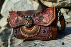 Small brown leather bag with embossed decorations and gemsto Product Image 1