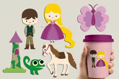 Fairytale clipart, prince, long hair princess, horse, tower Product Image 1